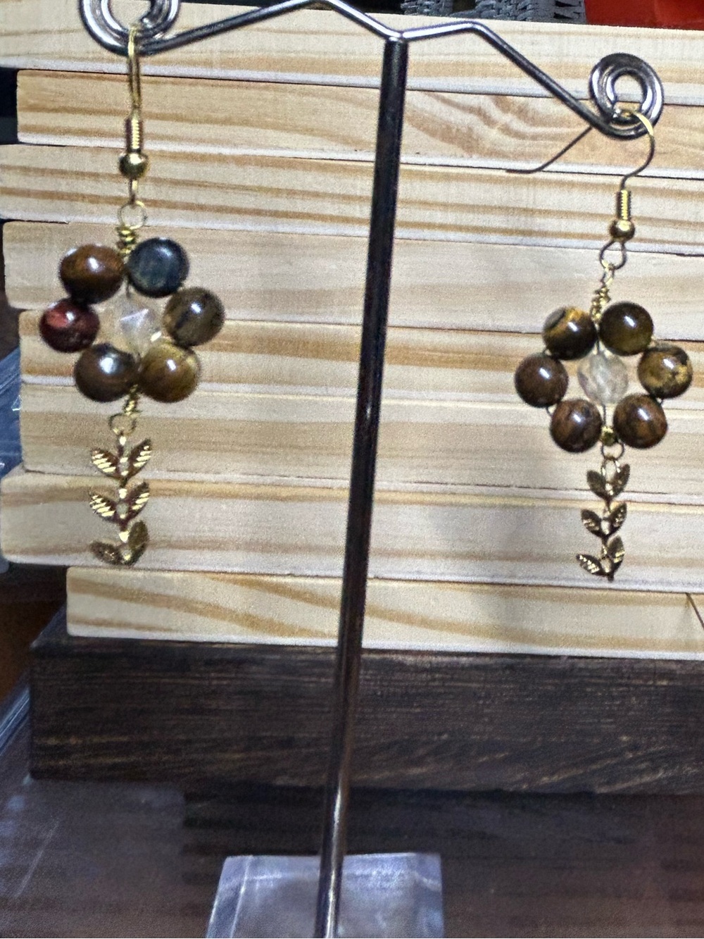 3/$25 Tiger's Eye Flower Drop Earrings - Picture 6 of 6